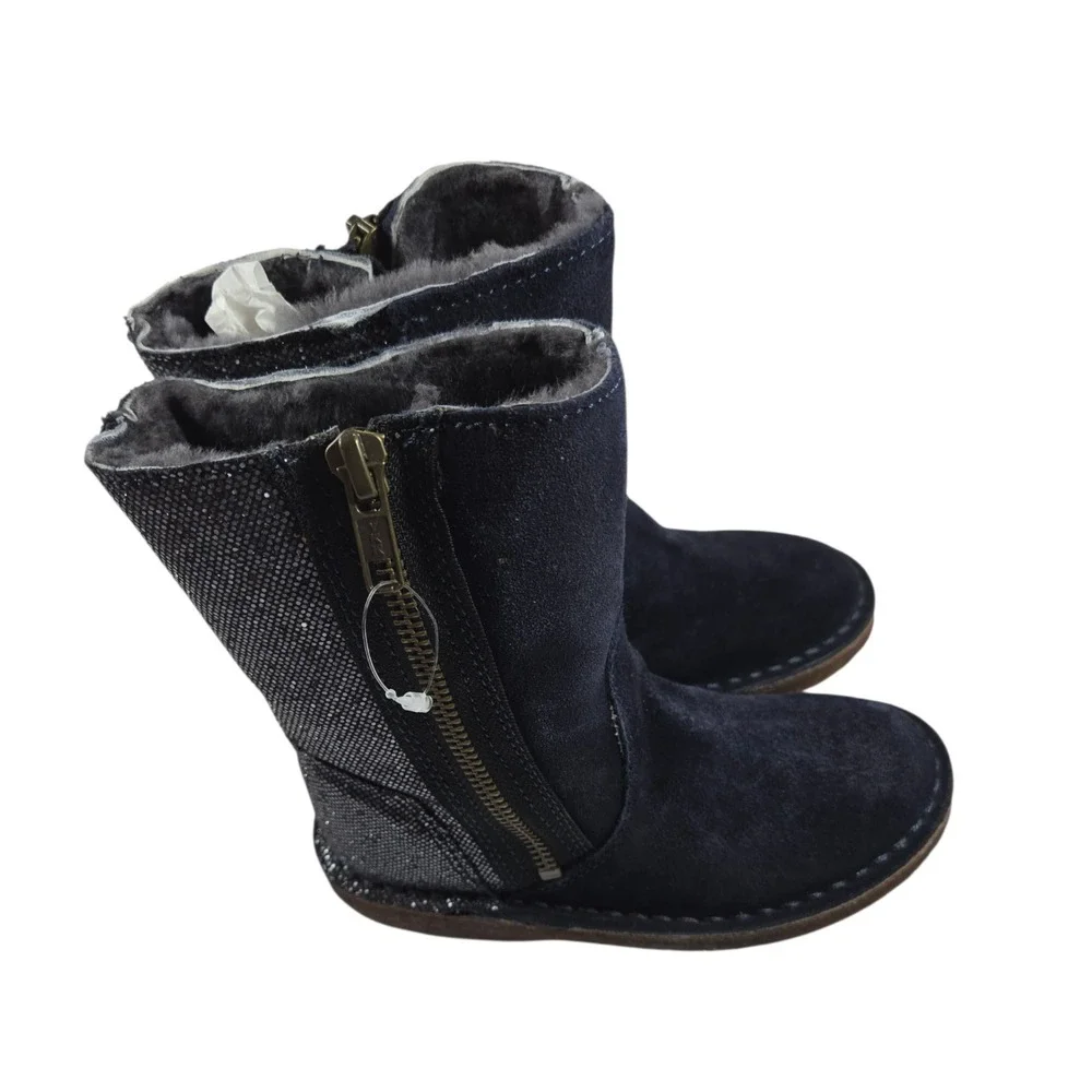 NEW Crew Cuts Girls 10 Lambskin Boots Navy Blue Glitter Crepe Sole HTF
